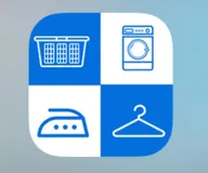 Modern laundry and dry cleaning service icons including washing machine, iron, hanger, and laundry basket