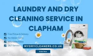 Laundry and dry cleaning service banner with washing machine, folded towels, and service highlights
