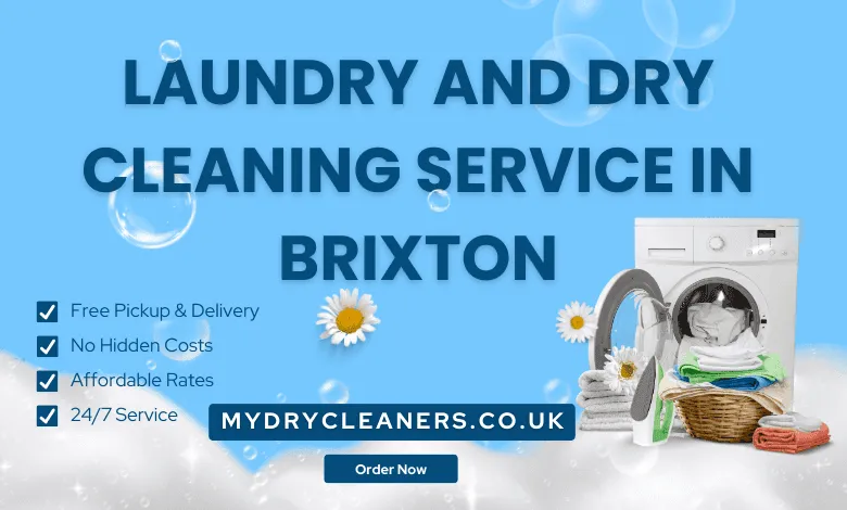 Laundry and dry cleaning service banner with washing machine, folded towels, and service highlights