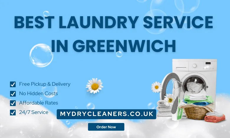 Laundry and dry cleaning service banner with washing machine, folded towels, and service highlights