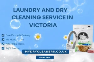 Laundry and dry cleaning service banner with washing machine, folded towels, and service highlights