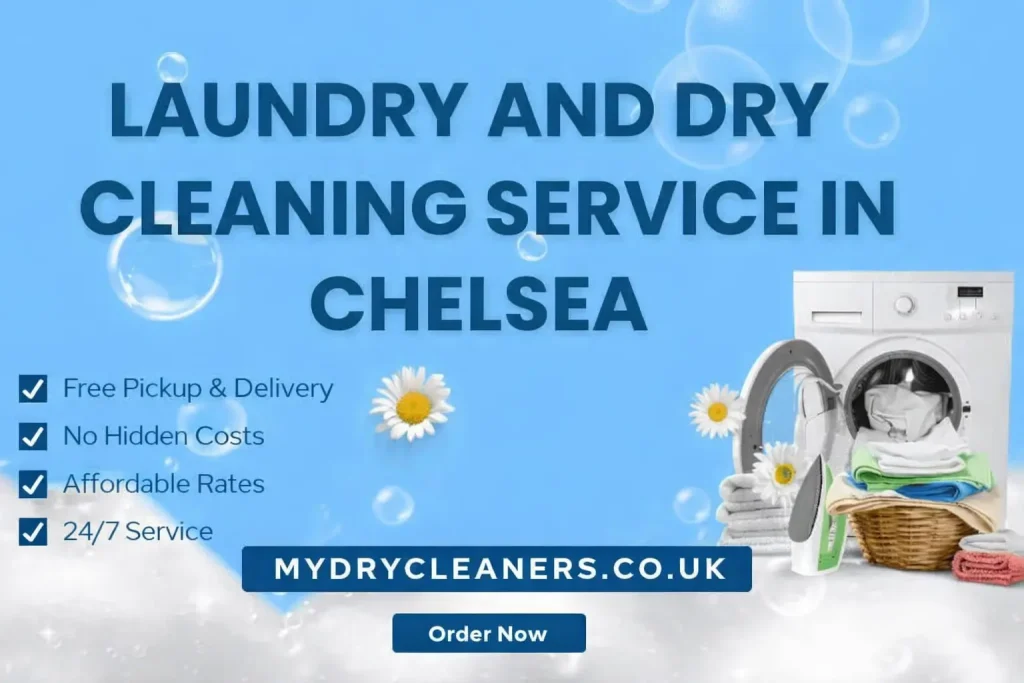 Laundry and Dry Cleaning Service in Chelsea with washing machine, folded clothes, and free pickup highlights