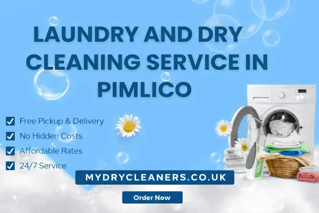 Laundry and Dry Cleaning Service in Pimlico with washing machine, folded clothes, and free pickup highlights