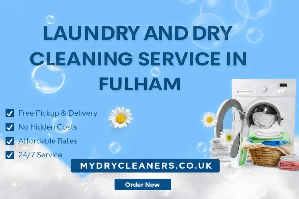 Laundry and Dry Cleaning Service in Fulham with washing machine, folded clothes, and free pickup highlights