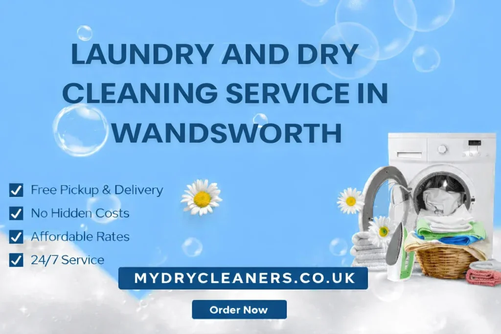 Laundry and dry cleaning service banner with washing machine, folded towels, and service highlights