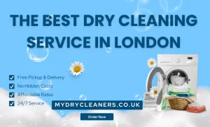 Professional washing machine with folded clothes promoting best dry cleaning service in London with free pickup and delivery