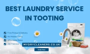 Laundry service advertisement featuring washing machine, folded clothes, and free pickup and delivery details.