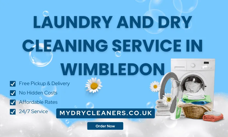 Laundry and dry cleaning service banner in Wimbledon with washing machine, folded clothes, and free pickup highlights