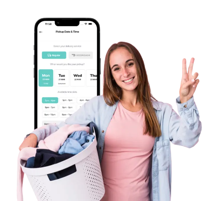 Dry Cleaning and Laundry Service in London pickup with mobile booking and customer holding laundry basket