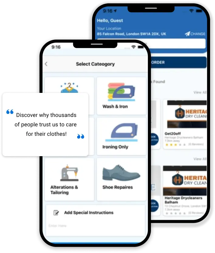 Mobile app interface showing laundry service categories including wash & iron, ironing only, tailoring, and shoe repair with pickup options.